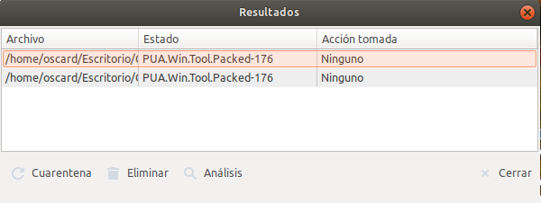 Resultados de escaneo - Acciones a tomar (Cuarentena | Eliminar)